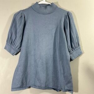 Tahari Women's‎ Small Top Blue Puff Sleeve Mock Neck Pullover Sweater Casual